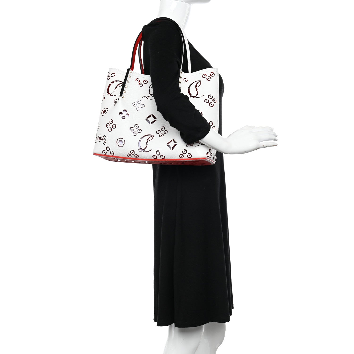 Christian Louboutin Calfskin Loubinthesky Small Perforated Cabarock Spikes Tote Snow 2 of 9