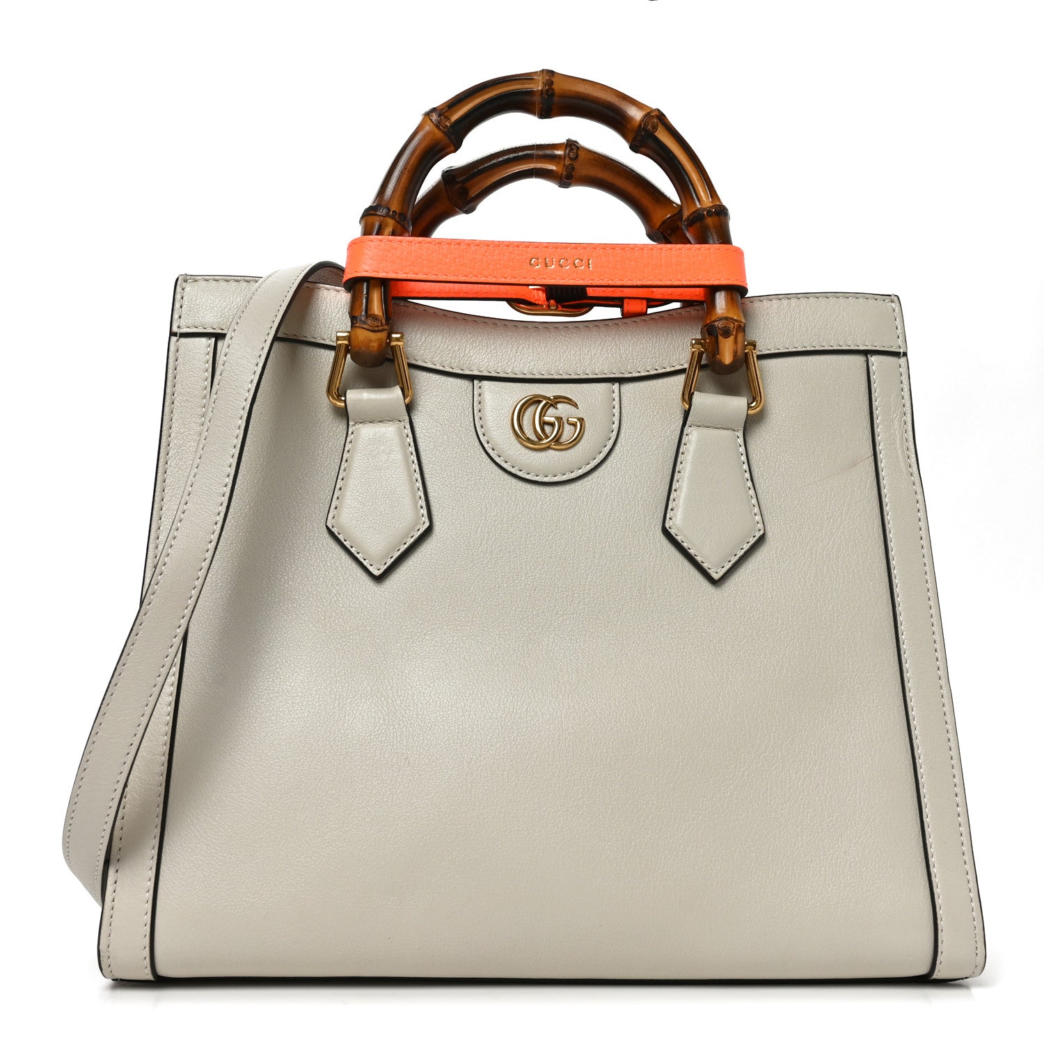 Gucci Wonka Grain Calfskin Small Diana Tote Bag Mystic White Orange Fluo 1 of 11