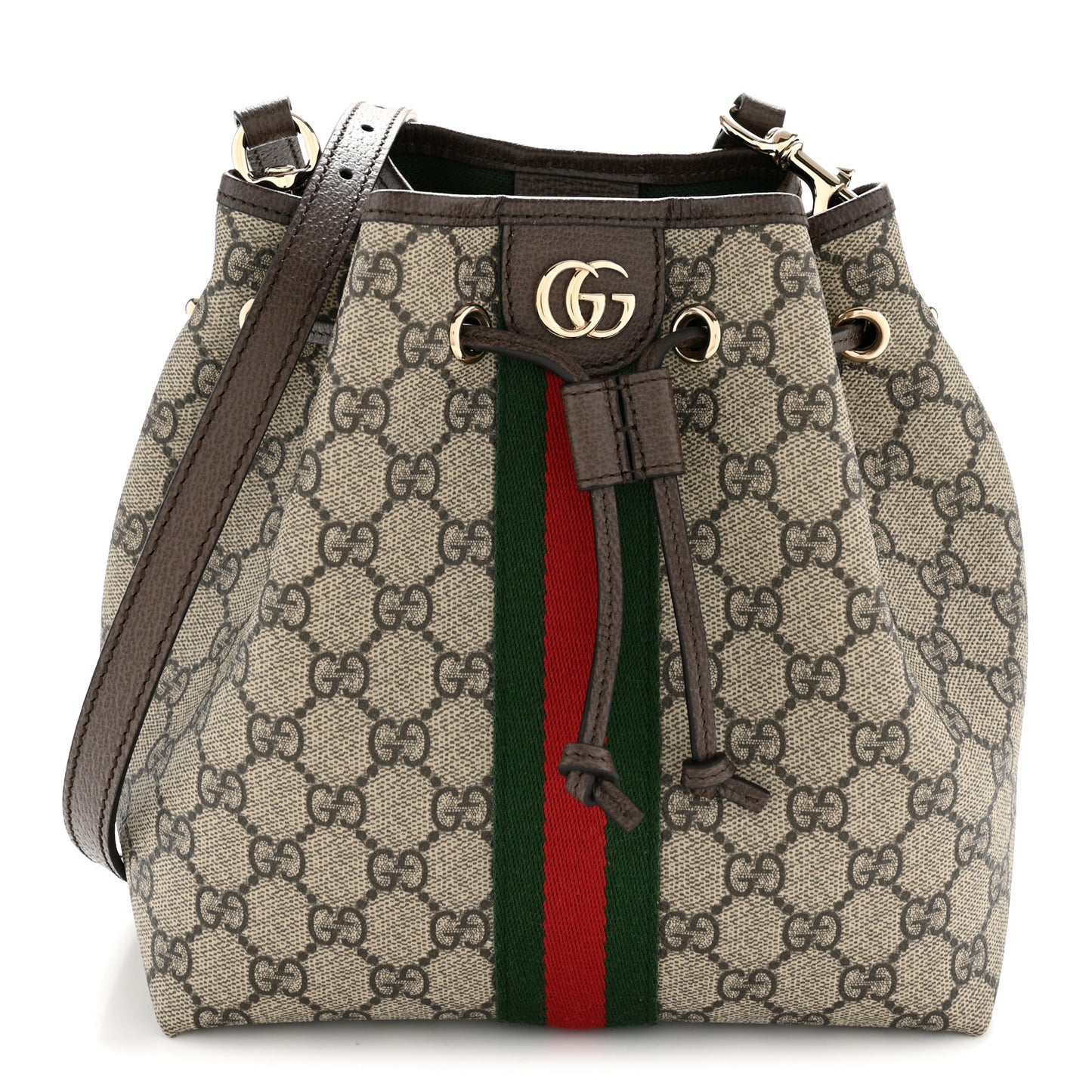 GG Supreme Monogram Web Small Ophidia Top Handle Bucket Bag Brown
