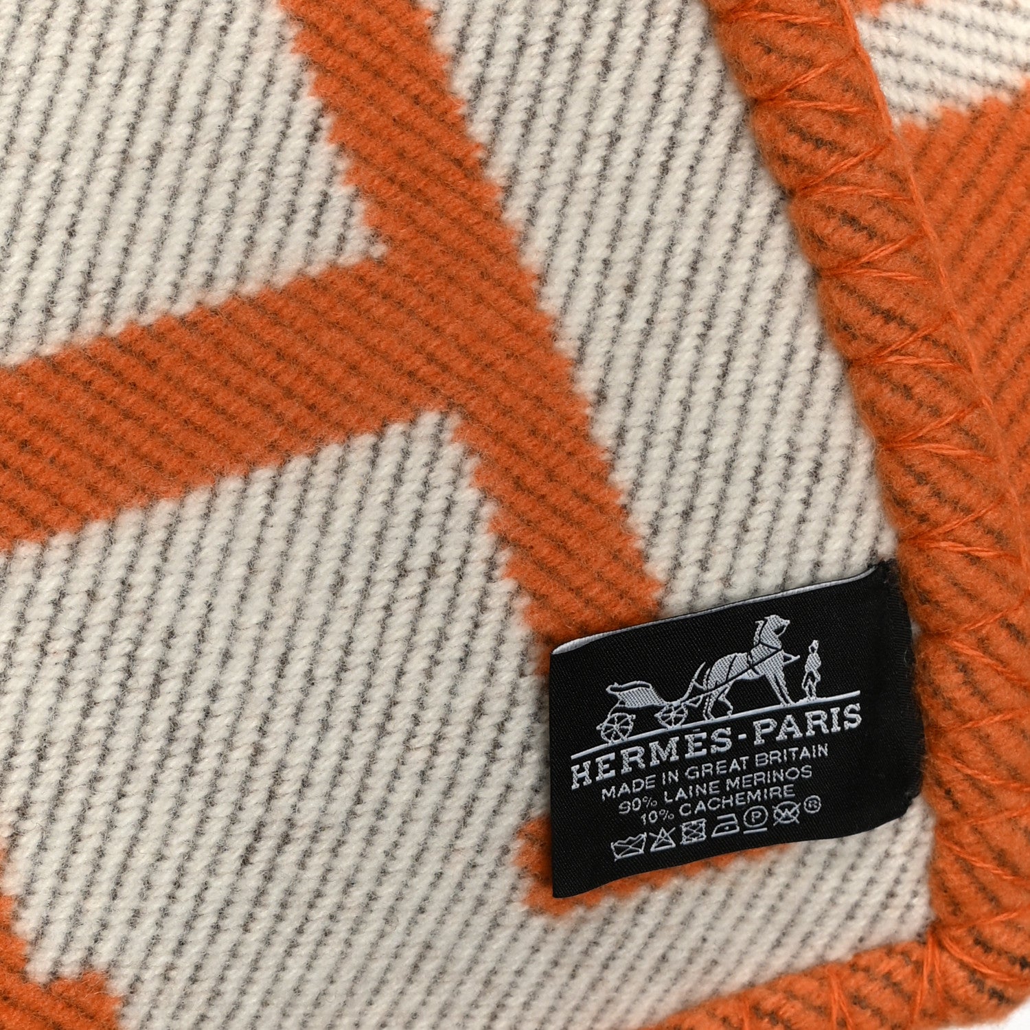 Hermes Wool Cashmere Signature Classic Avalon Blanket Ecru Potiron 3 of 3