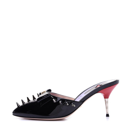 Gucci Patent GG Bow Sadie Spike Mid Heel Mules 38.5 Black 1 of 13