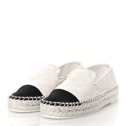 Chanel Shiny Lambskin Quilted Grosgrain Cap Toe CC Chain Espadrilles 39 White Black 4 of 11