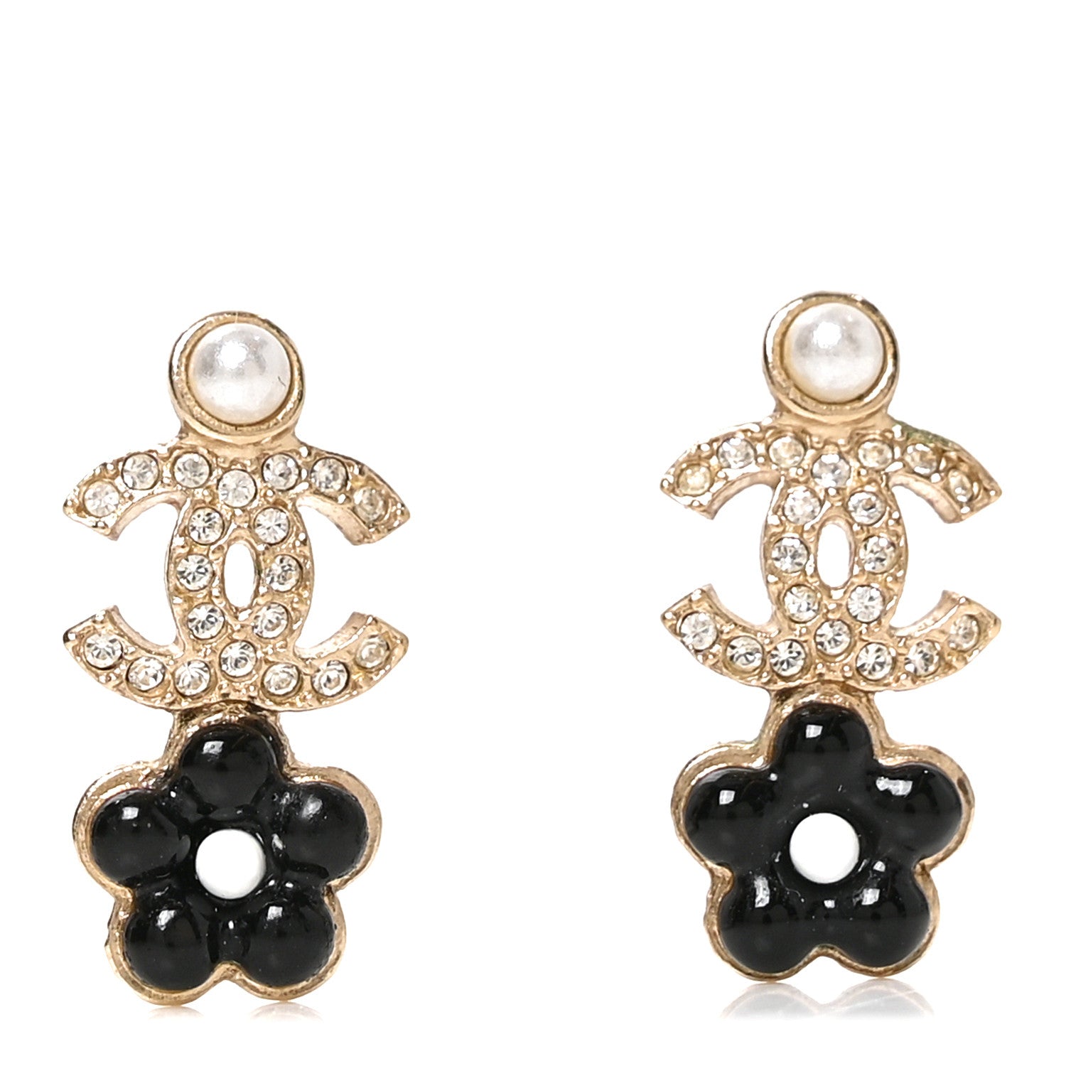 Chanel Crystal Pearl CC Flower Earrings Black Gold 1 of 5