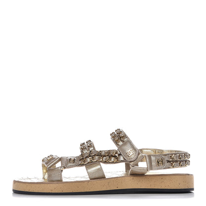 Chanel Metallized Goatskin Chain Flat Sandals 38 Gold 1 of 8