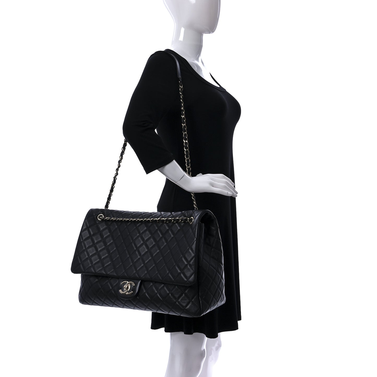 Calfskin Quilted XXL Travel Flap Bag Black