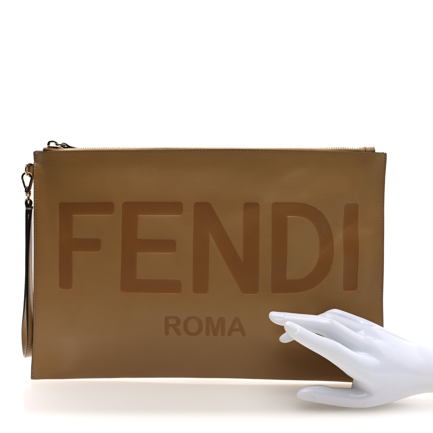 Fendi Vitello King Logo Embossed Large Flat Pouch Miele Scuro 2 of 6