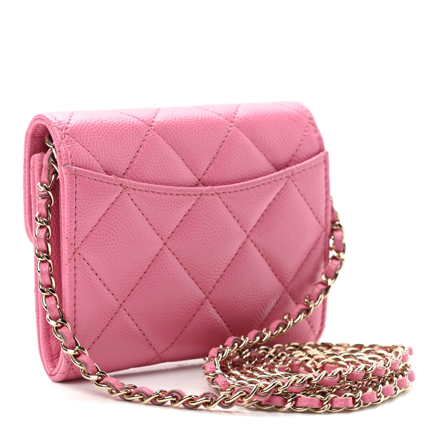 Caviar Quilted Flap Card Holder On Chain Pink