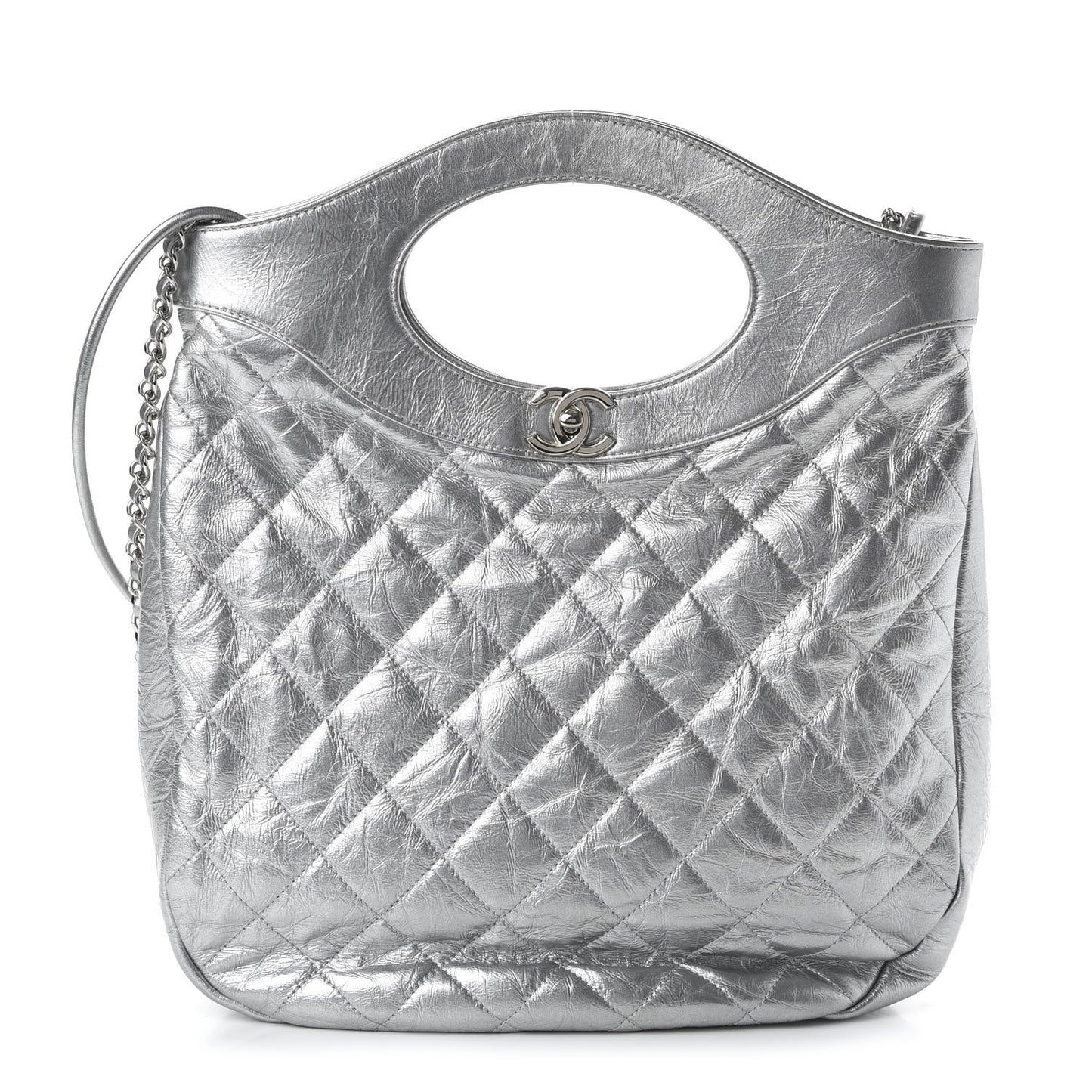 Metallic Crumpled Calfskin Small 31 Shopping Bag Silver