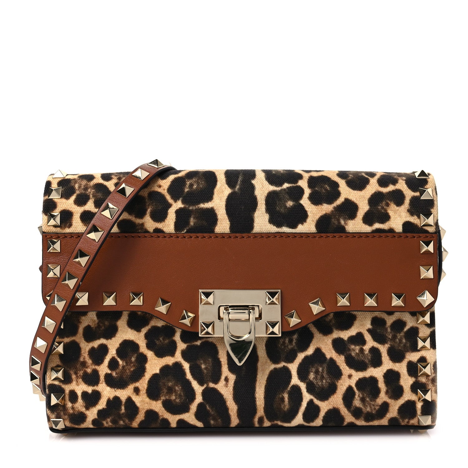 Valentino Garavani Calfskin Canvas Leopard Print Medium Rockstud Flip Lock Crossbody Bag Tan 1 of 8