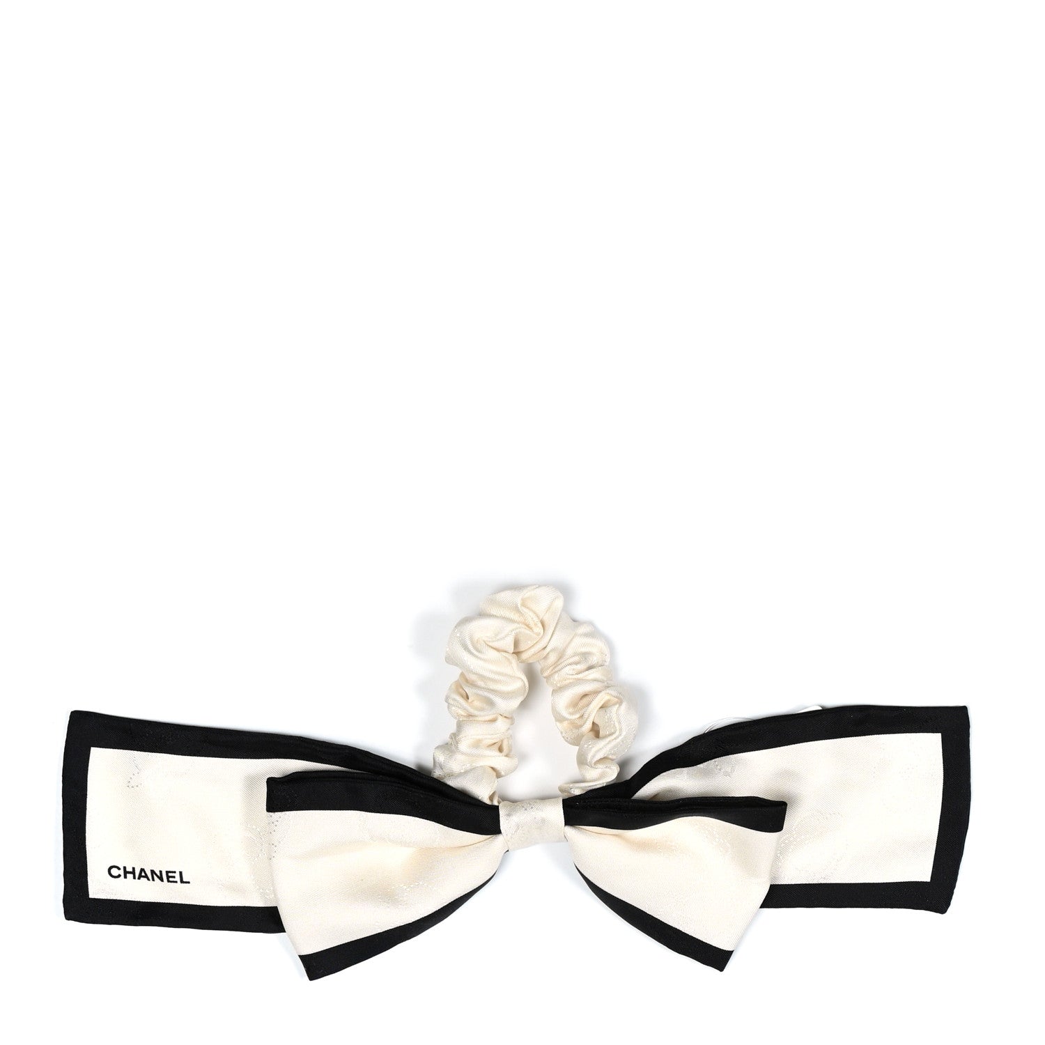 Chanel Silk Twill Hair Tie Ivory Black 1 of 5