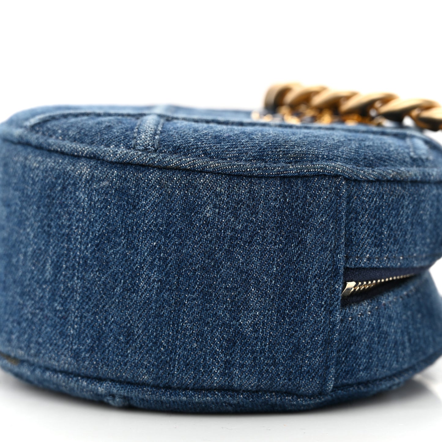 Denim Quilted Chanel 19 Round Clutch With Chain Blue