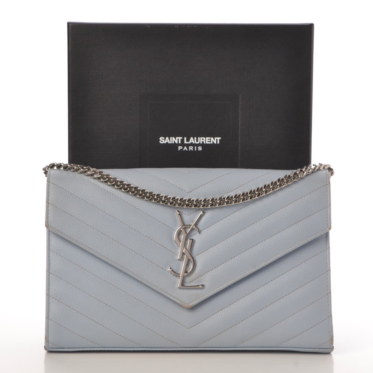 Saint Laurent Grain De Poudre Matelasse Monogram Chain Wallet Sky Blue 16 of 16