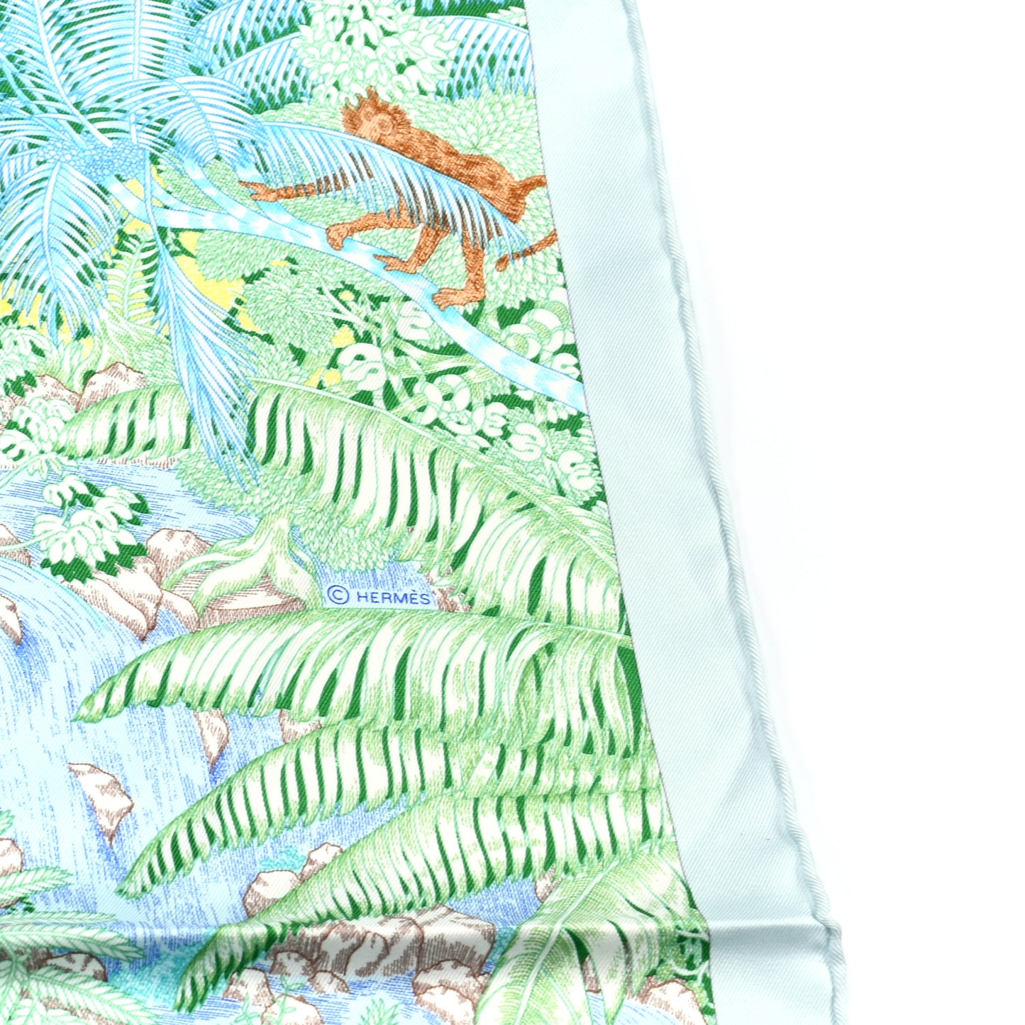 Silk Twill Faubourg Tropical Scarf 90 Bleu Vert Jaune