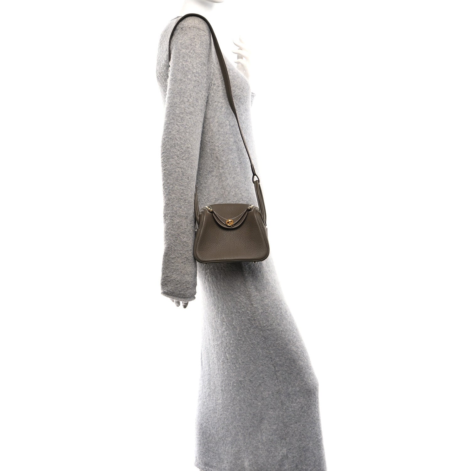 Hermes Taurillon Clemence Mini Lindy 20 Etoupe Etoupe 2 of 11