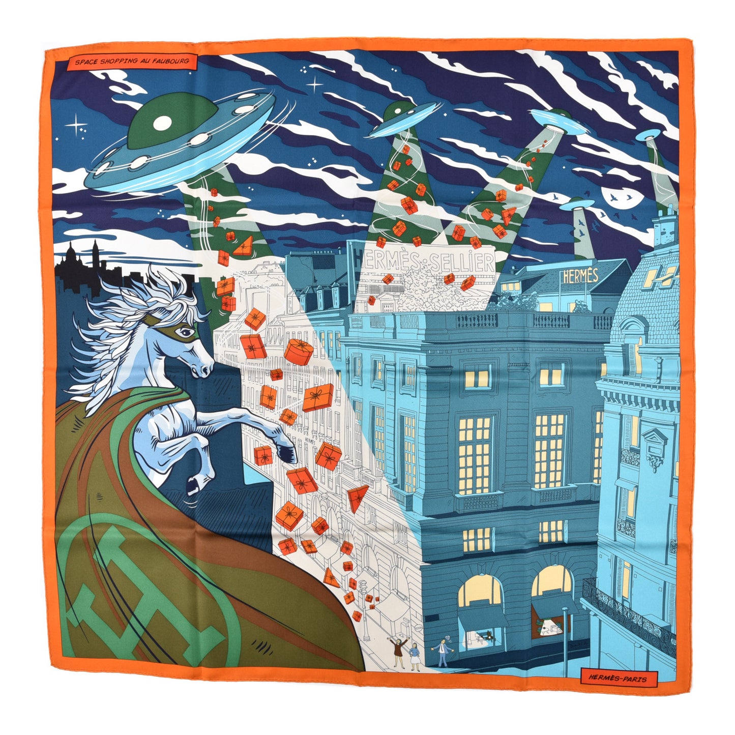 Silk Space Shopping Au Faubourg Pocket Square Scarf Bleu Orange Vert