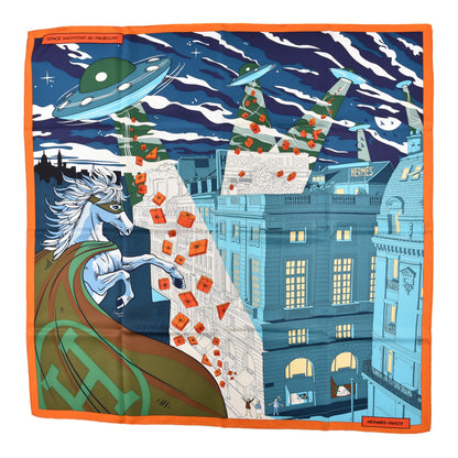Hermes Silk Space Shopping Au Faubourg Pocket Square Scarf Bleu Orange Vert 1 of 3