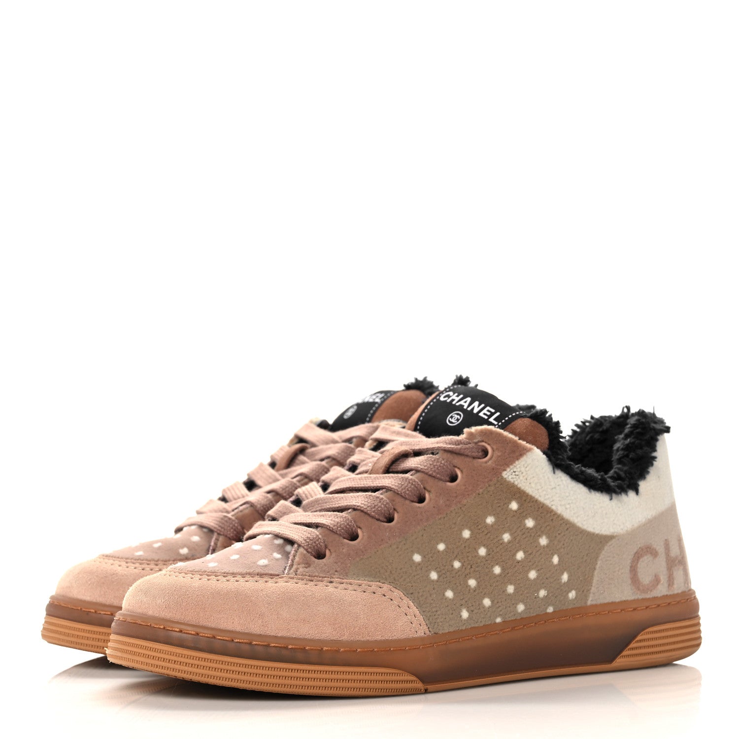 Chanel Fabric Suede Calfskin Logo Sneakers 37 Beige Black White 3 of 9