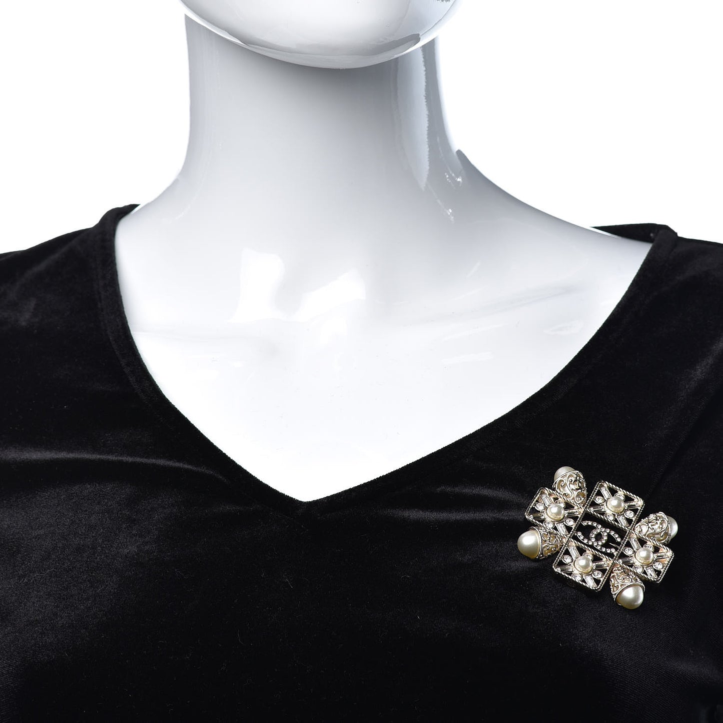 Pearl Baguette Crystal Sparkling Pearls CC Brooch White Light Gold