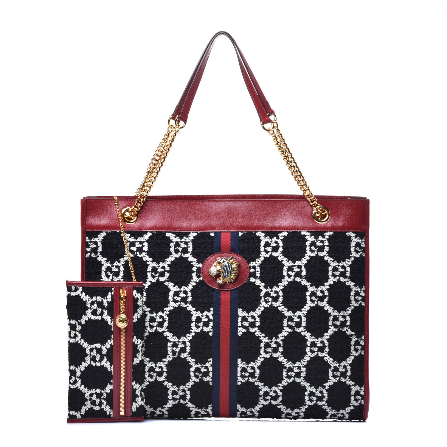 Gucci Tweed GG Monogram Large Rajah Chain Tote Romantic Cherry Black White 1 of 8