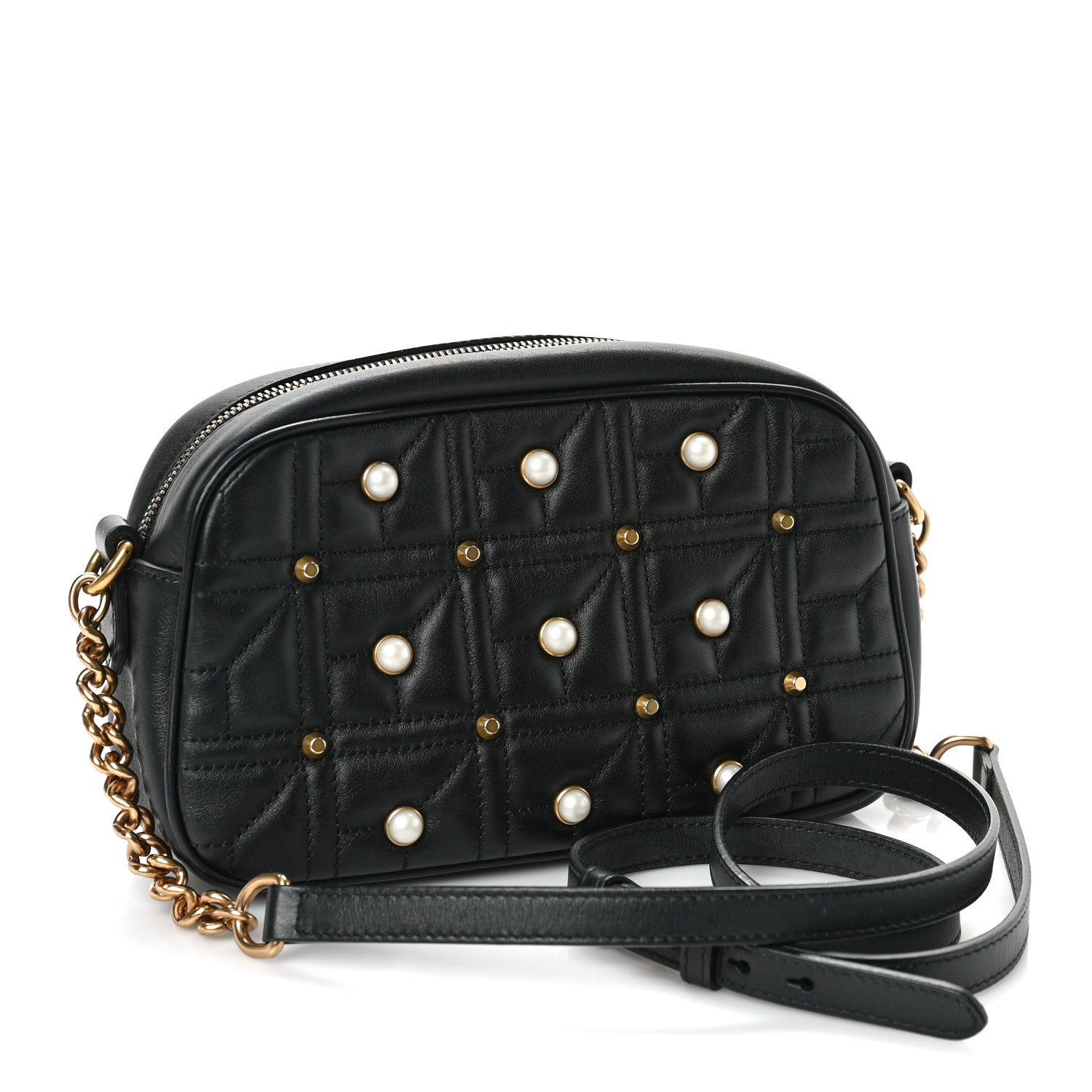 Gucci Calfskin Matelasse Studded Small Pearly GG Marmont Chain Shoulder Bag Black 3 of 10