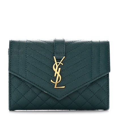 Saint Laurent Grain De Poudre Textured Mixed Matelasse Triquilt Small Monogram Envelope Wallet Sea Turquoise 1 of 10