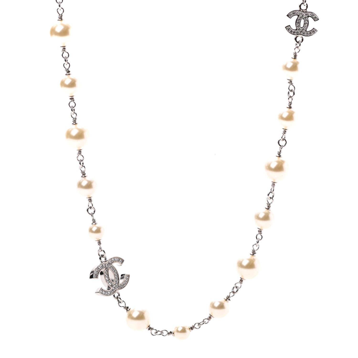 Chanel Graduated Pearl Crystal CC Long Necklace Silver 1 of 5