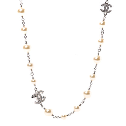Chanel Graduated Pearl Crystal CC Long Necklace Silver 1 of 5