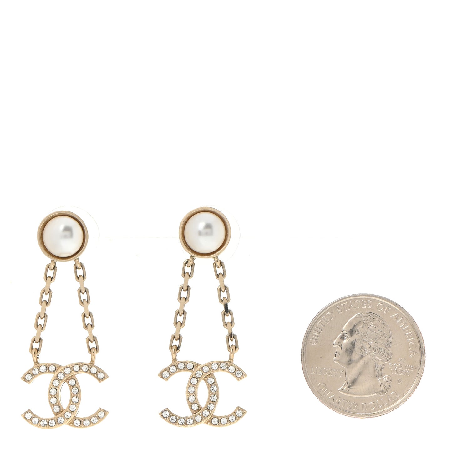 Crystal Pearl CC Chain Drop Earrings Gold