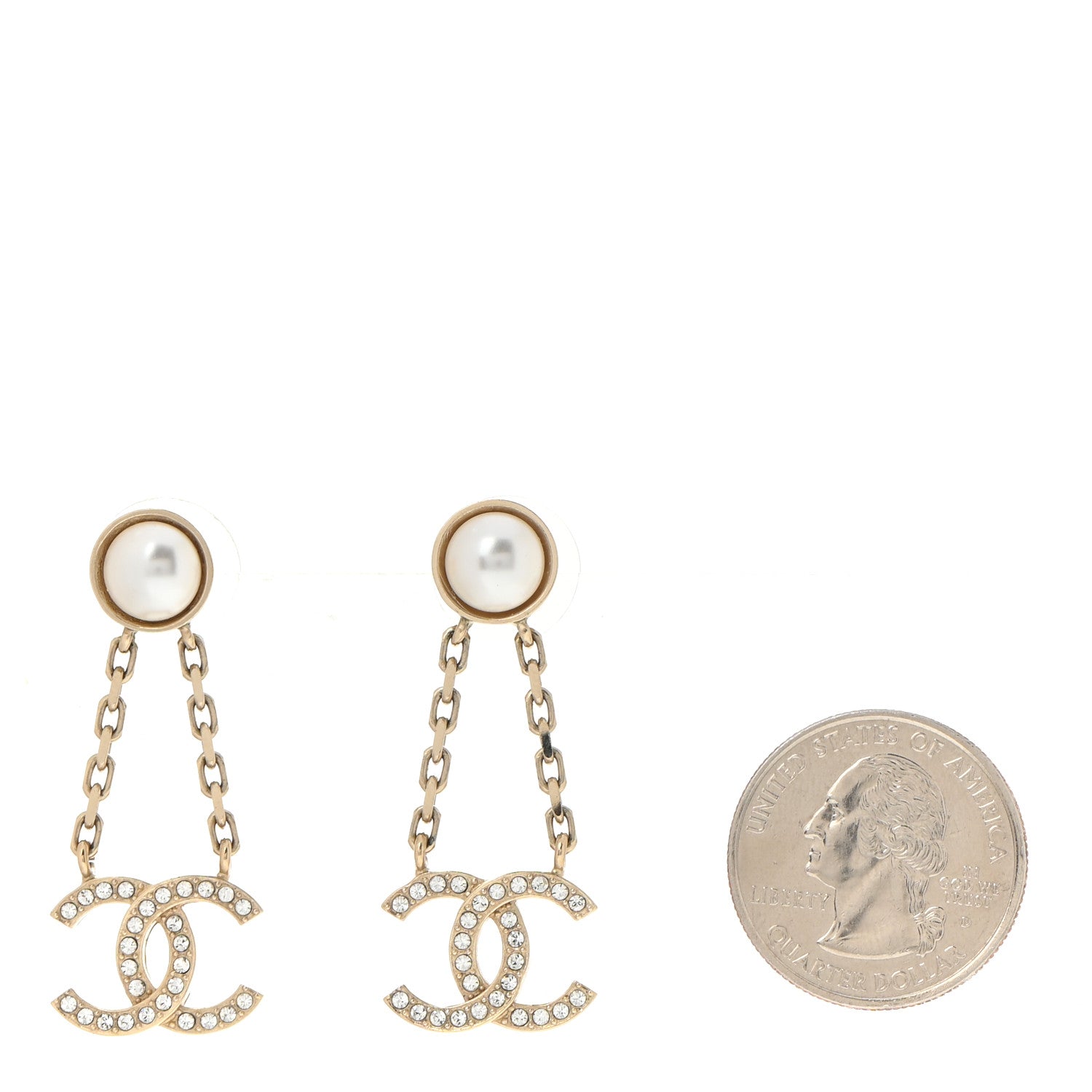Chanel Crystal Pearl CC Chain Drop Earrings Gold 2 of 6