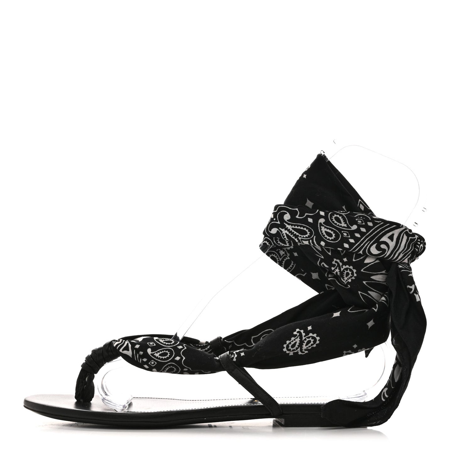 Calfskin Cotton Paisley Print Flat Sandals 37.5 Black