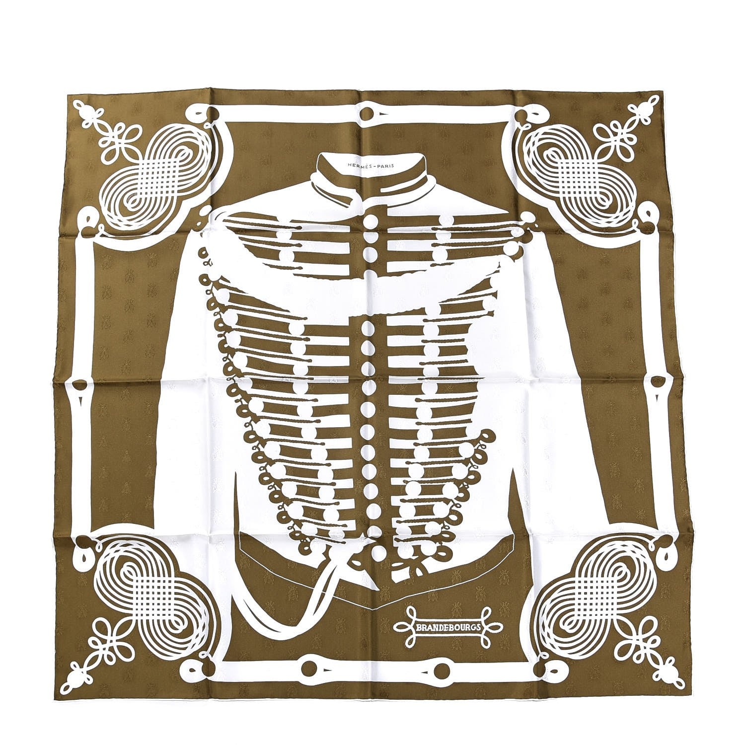 Hermes Silk Brandebourgs Tattoo Scarf 90 Kaki White 1 of 7