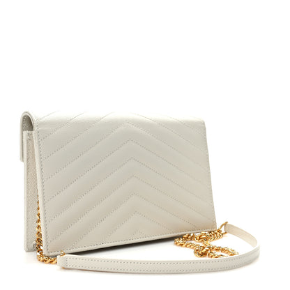 Saint Laurent Grain De Poudre Matelasse Chevron Monogram Envelope Chain Wallet Crema Soft 2 of 7