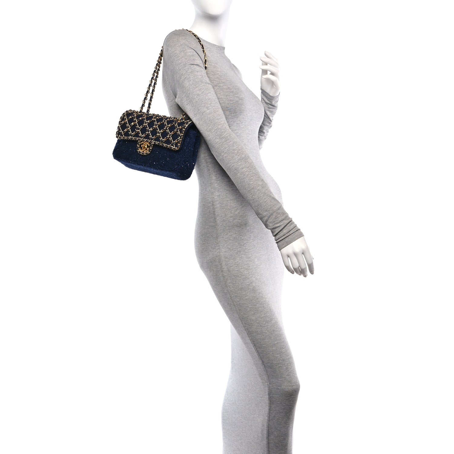 Chanel Tweed Sequin Timeless Classic Chained Double Flap Navy Blue 2 of 11