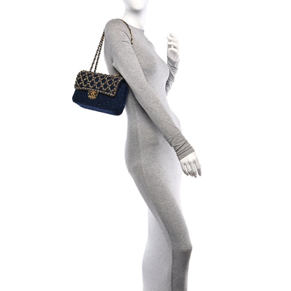 Chanel Tweed Sequin Timeless Classic Chained Double Flap Navy Blue 2 of 11