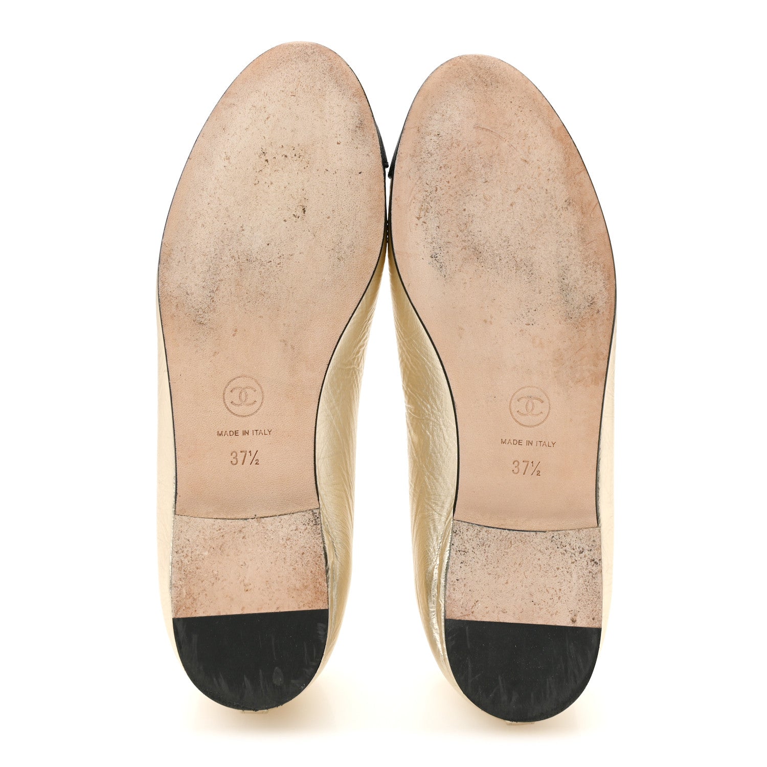 Chanel Metallic Laminated Lambskin Grosgrain CC Cap Toe Ballerina Flats 37.5 Light Gold Black 6 of 10