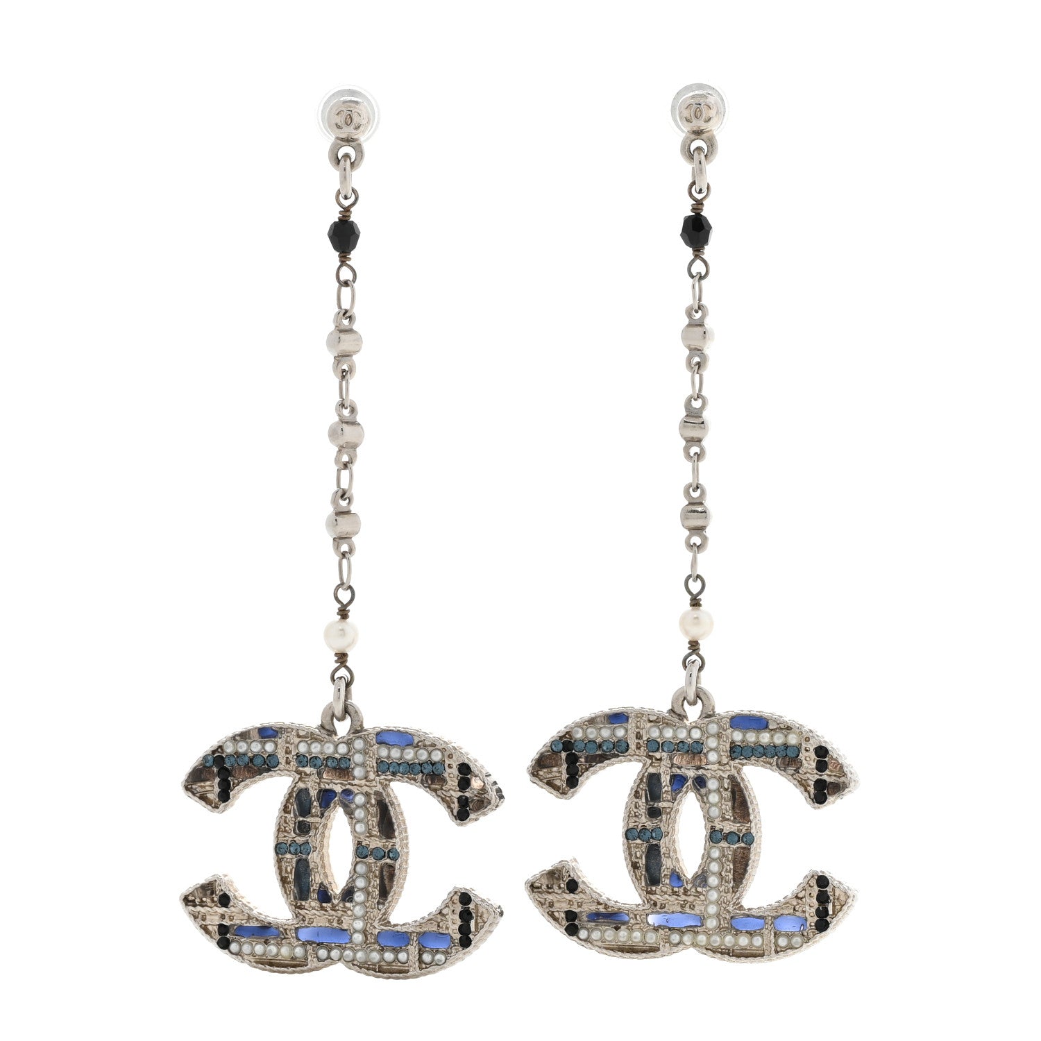 Chanel Pearl Crystal CC Tweed Drop Earrings Silver Blue Black 1 of 5