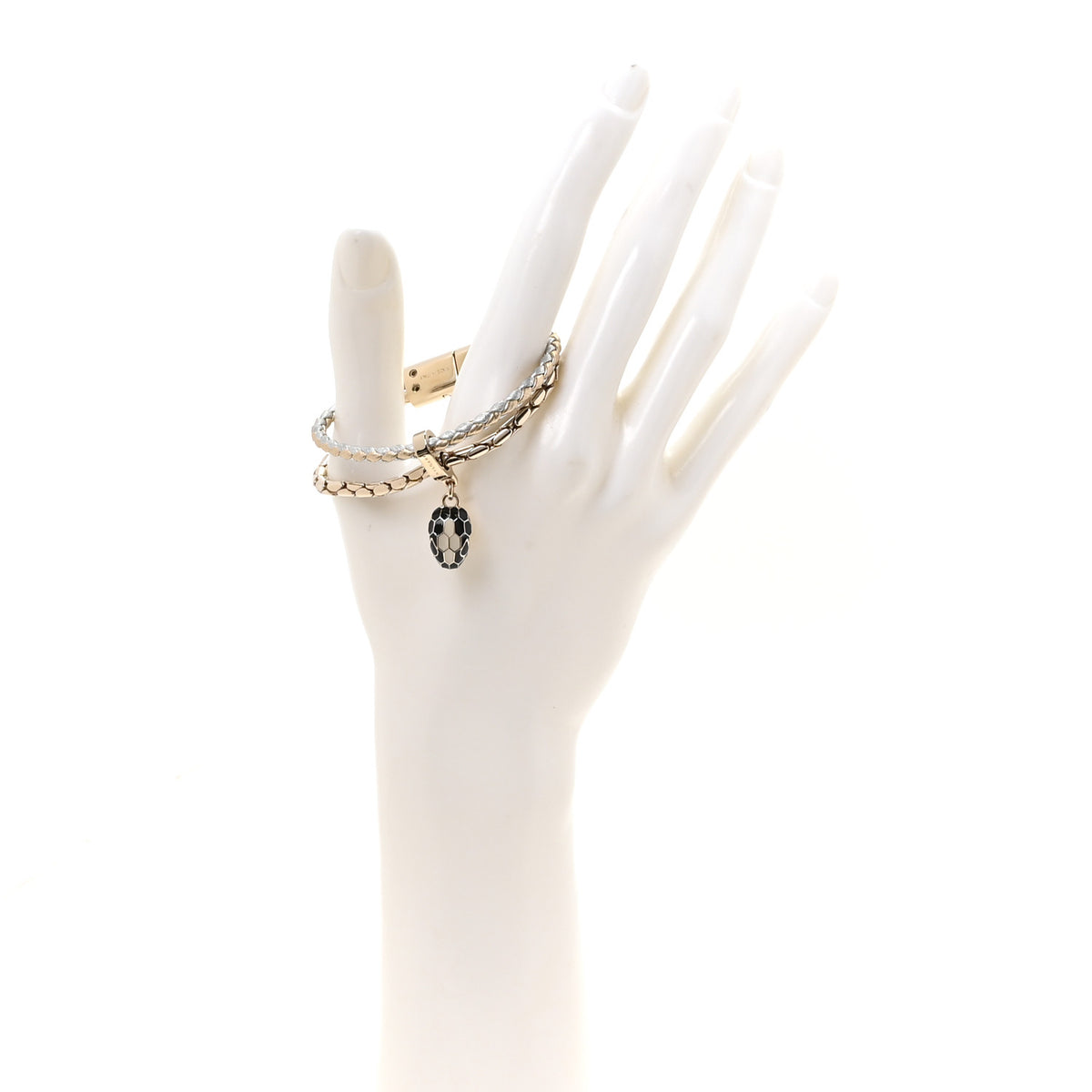 Bulgari Metallic Calfskin Braided Brass Enamel Serpenti Forever Double Coil Bracelet Gold Silver 2 of 5