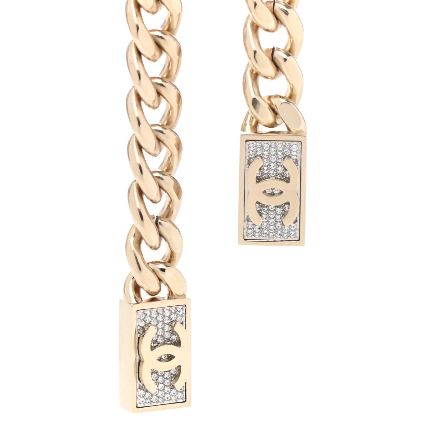Chain Link Crystal CC Dog Tag Charm Necklace Gold