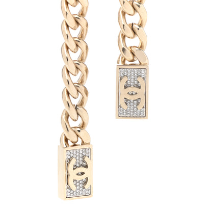 Chanel Chain Link Crystal CC Dog Tag Charm Necklace Gold 5 of 7