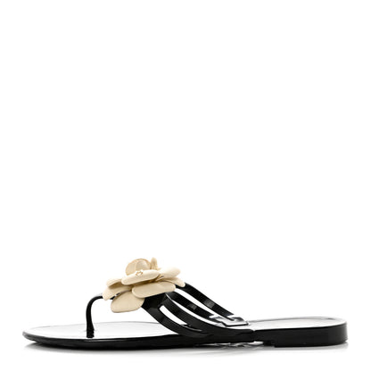 Chanel Jelly Camellia Thong Sandals 40 Black Ivory 1 of 8