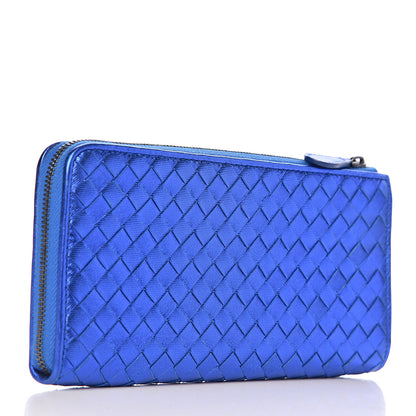 Bottega Veneta Metallic Grosgrain Intrecciato Zip Around Wallet Cobalt 3 of 9