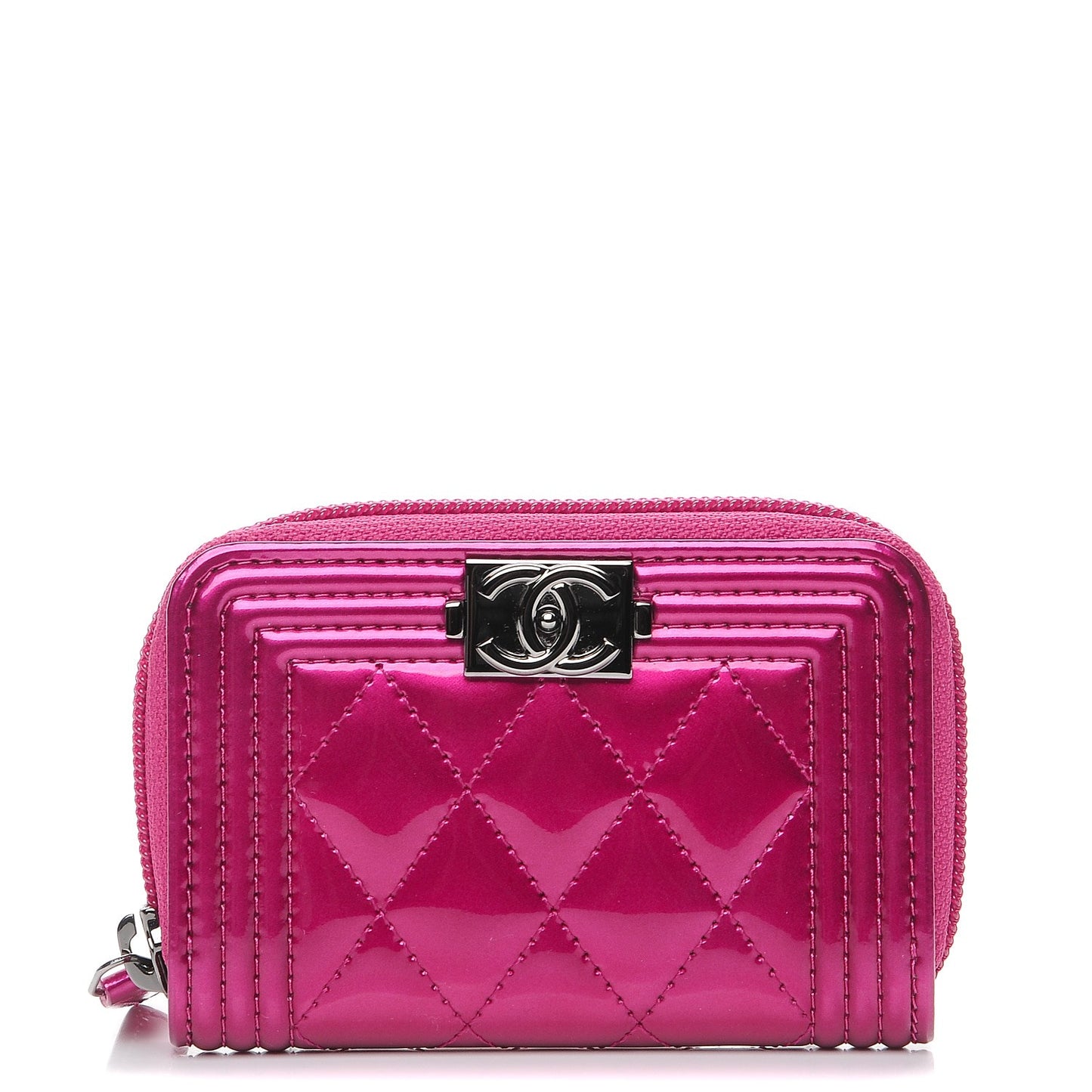 Metallic Patent Quilted Zip Around Boy Coin Purse Wallet Fuchsia