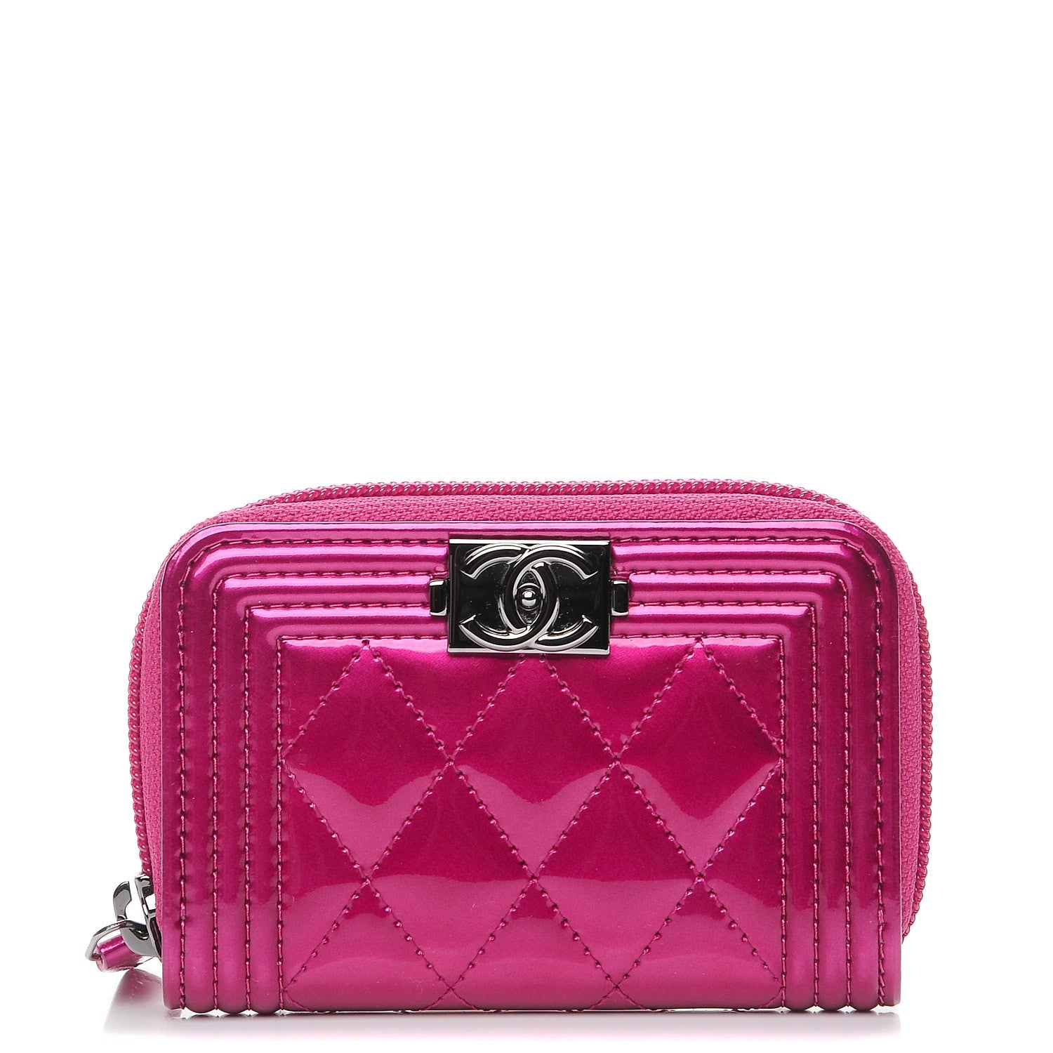 Chanel Metallic Patent Quilted Zip Around Boy Coin Purse Wallet Fuchsia 1 of 8