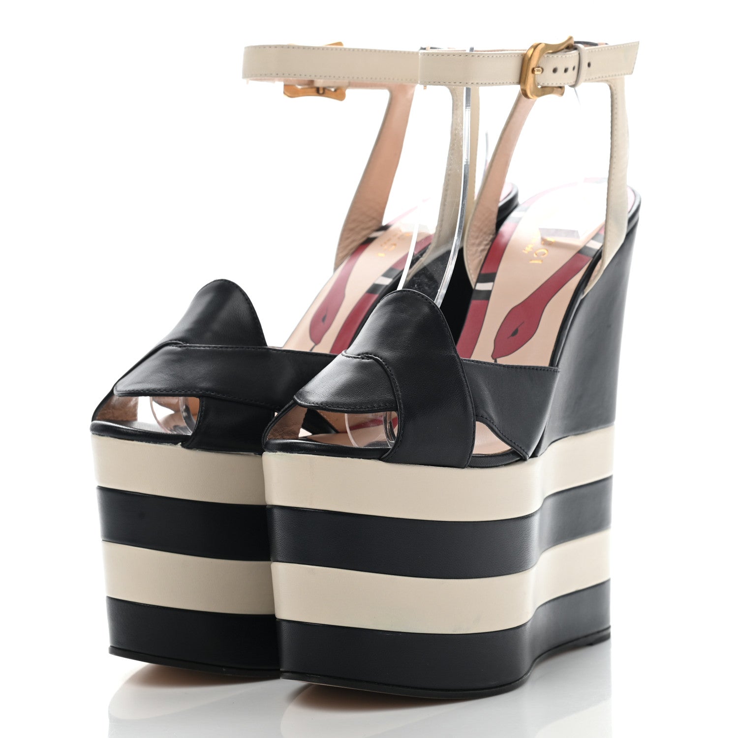 Gucci Nappa Striped Sally Platform Wedge Sandals 37 Navy Ivory 3 of 17