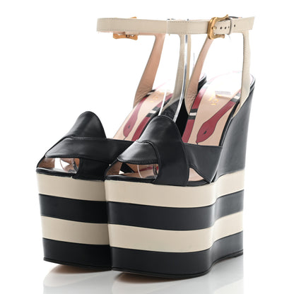 Gucci Nappa Striped Sally Platform Wedge Sandals 37 Navy Ivory 3 of 17