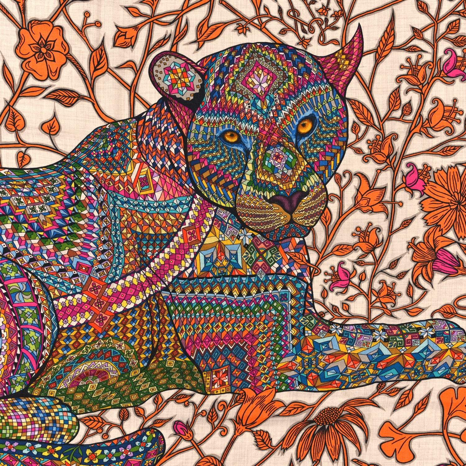 Hermes Cashmere Silk Le Jaguar Et Le Colibri Shawl 140 Naturel Orange Multicolor 2 of 4
