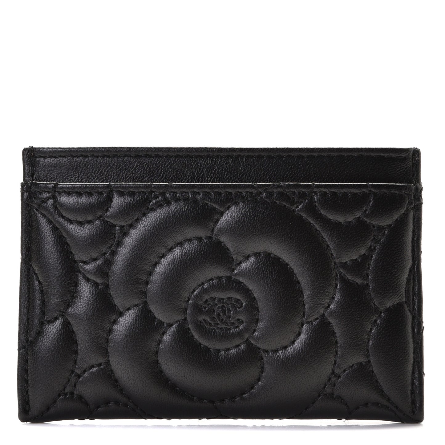 Lambskin Camellia Embossed Card Holder Black