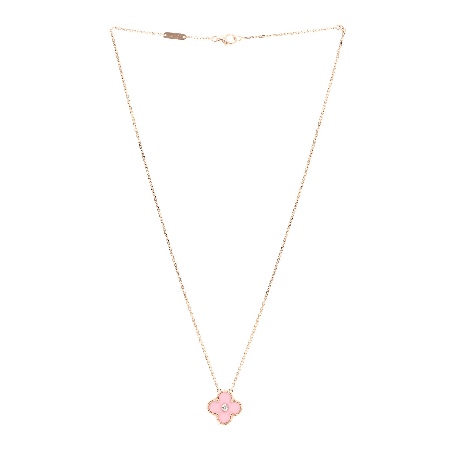 Van Cleef & Arpels 18K Rose Gold Diamond Pink Porcelain Vintage Alhambra Pendant Necklace 3 of 6