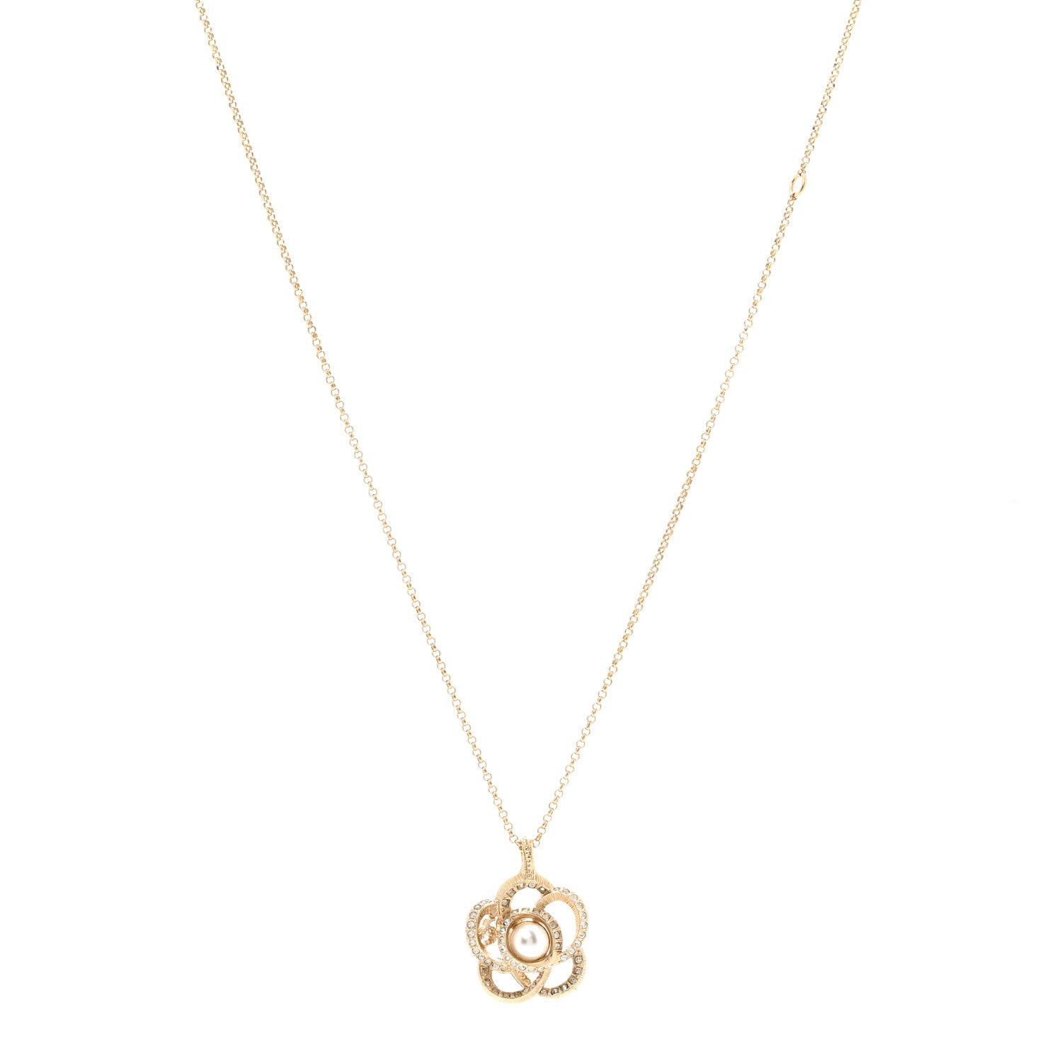 Chanel Crystal Pearl Camellia Necklace Gold 1 of 7