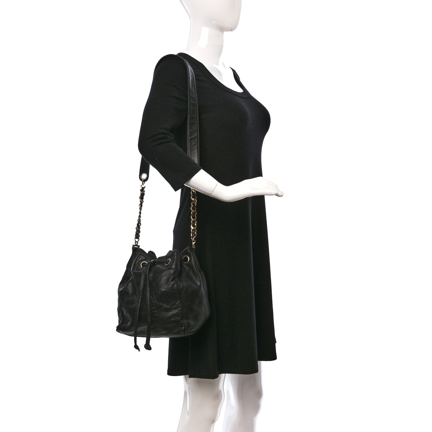 Lambskin CC Stitched Drawstring Bucket Bag Black